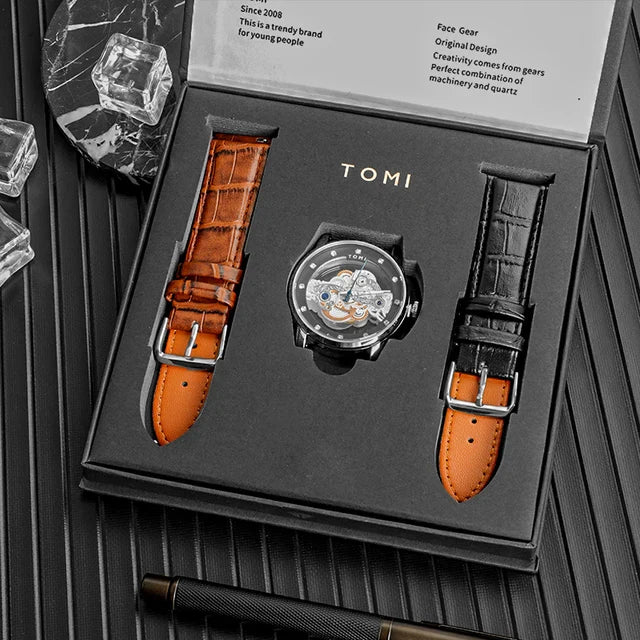 TOMI T-102 Skelton Face Gear Dual Strap Watch - Tomi Watches