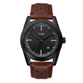 TOMI T-098 Men's Business Wrist Watch with black textured dial and brown perforated leather strap