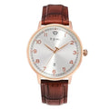TOMI T-108 Unisex Quartz Date Watch with white dial and brown leather strap.
