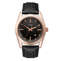 TOMI T-098 Men's Business Wrist Watch with black leather strap and rose gold fluted bezel on white background