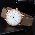 TOMI T-071 Men's Watch Date Quartz - White dial watch with rose gold bezel and brown leather strap.