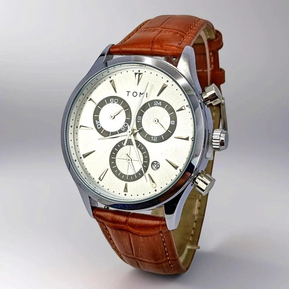 TOMI T-602 Premium Luxury Men's Watch - Silver-white chronograph dial with brown leather crocodile-textured strap.
