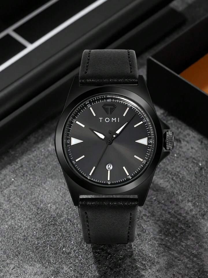 TOMI T-041 Date Quartz Business Watch black leather strap styled on dark surface