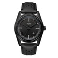 TOMI T-098 Men's Business Wrist Watch featuring a black case, black dial, and black leather strap in front view