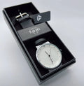 TOMI T-091 Men's Round Dial Watch - White dial watch with a brown leather strap inside an open branded presentation box.