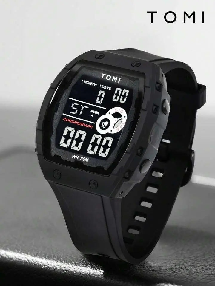 TOMI T-209 Men's Digital Sports Watch – All-black model with a modern, square-shaped rugged bezel and a sleek silicone strap.
