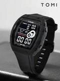 TOMI T-209 Men's Digital Sports Watch – All-black model with a modern, square-shaped rugged bezel and a sleek silicone strap.