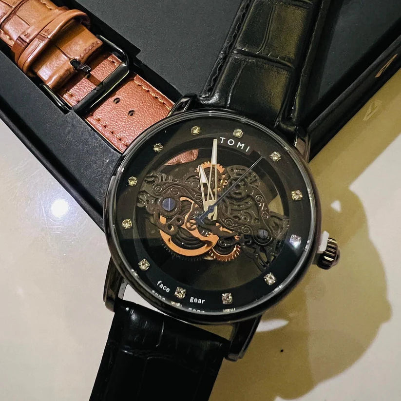 TOMI T-102 Skelton Face Gear Dual Strap Watch - Tomi Watches